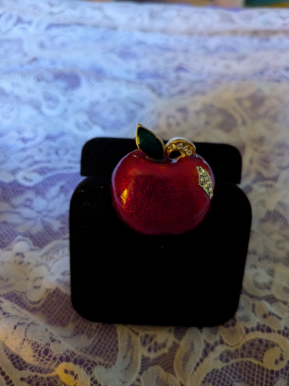 Red Apple Brooch Pin with Green Leaf and Gold Accents